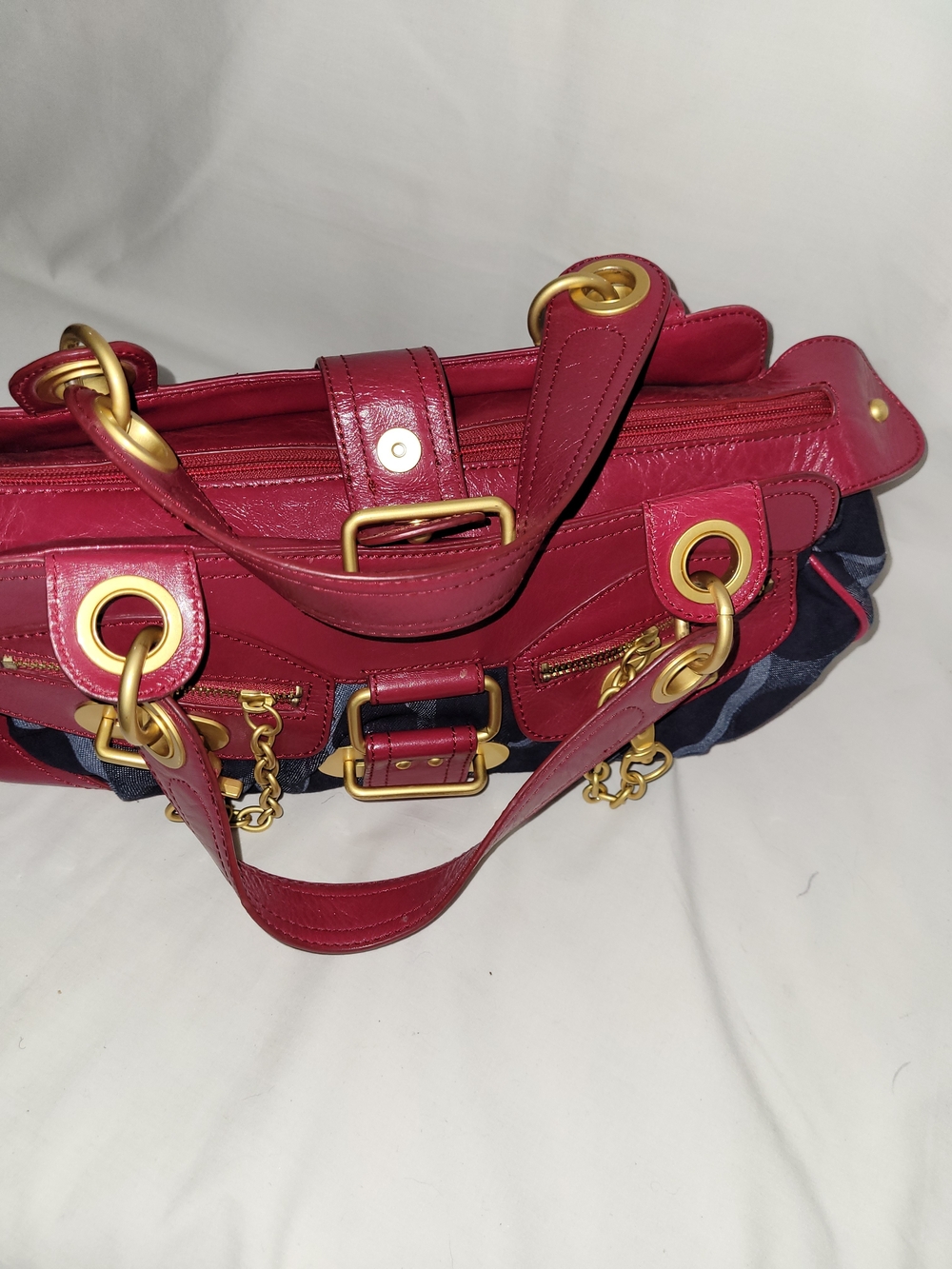 Vintag Hype Jean & Red Leather Accent Satchel Handbag
